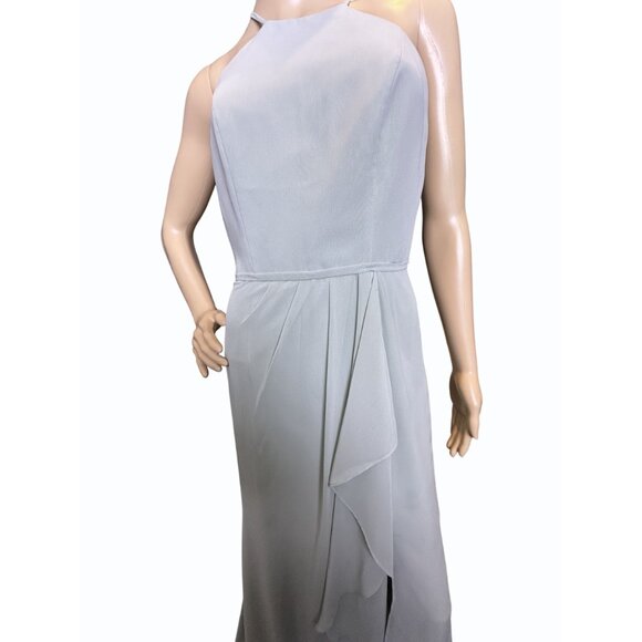 DAVID's BRIDAL Blue  Sz 2 Halter Neck Chiffon Bride's Maid Prom Dress Side Slit - Picture 3 of 16